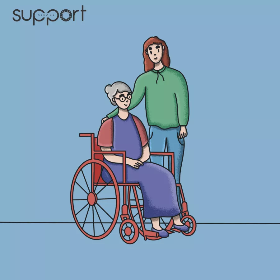 Il·lustració de voluntari acompanyant senyora gran en cadira de rodes
